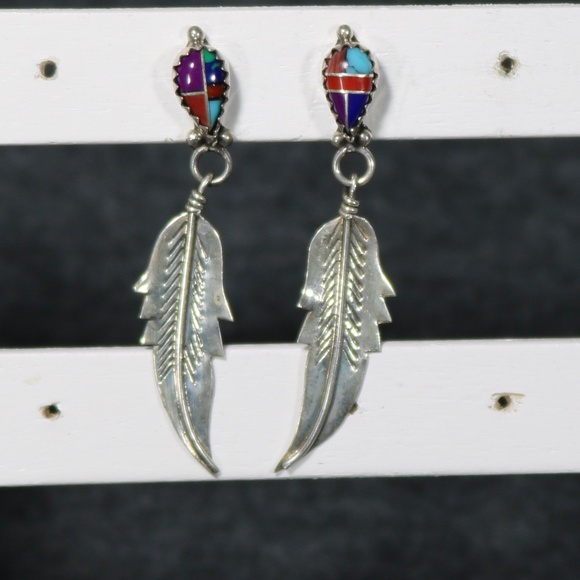 handmade 925 sterling silver turquoise MOP sugarlite spiny oyster native earring - Picture 2 of 5